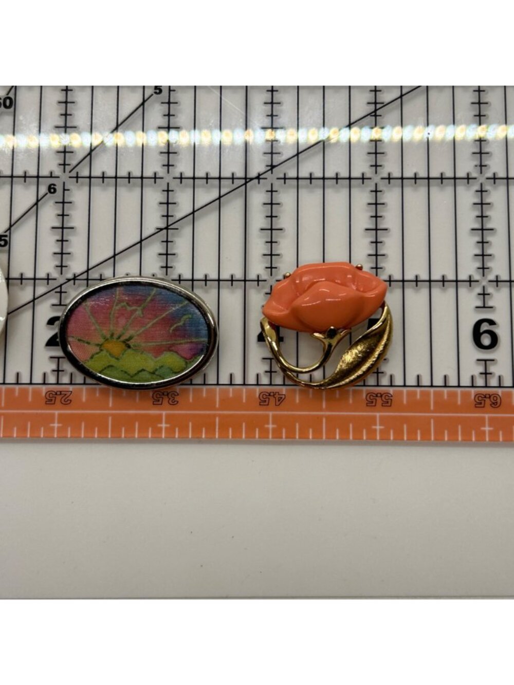 Vintage Brooch Pin Lot White Enamel Coral Flower Sunrise Landscape Costume 3pc - Picture 8 of 9